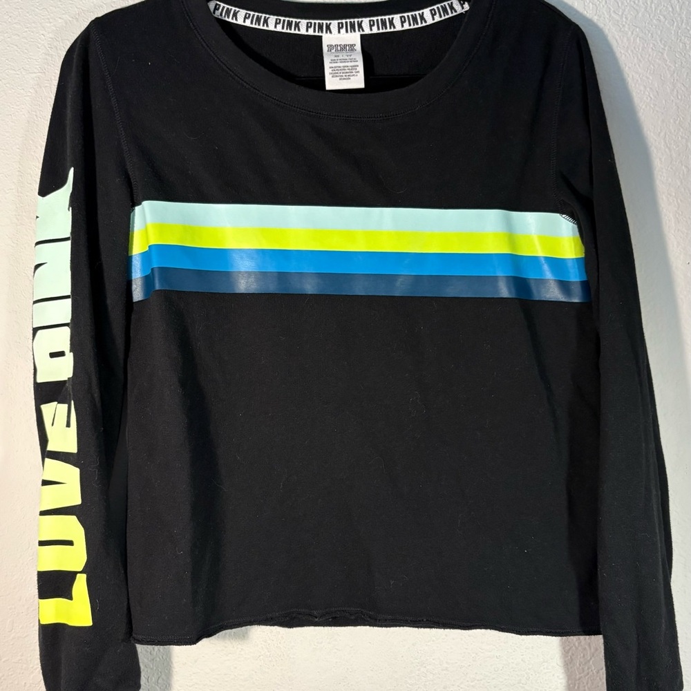 Victoria's Secret Black and Blue Cropped Hoodie with Stripes